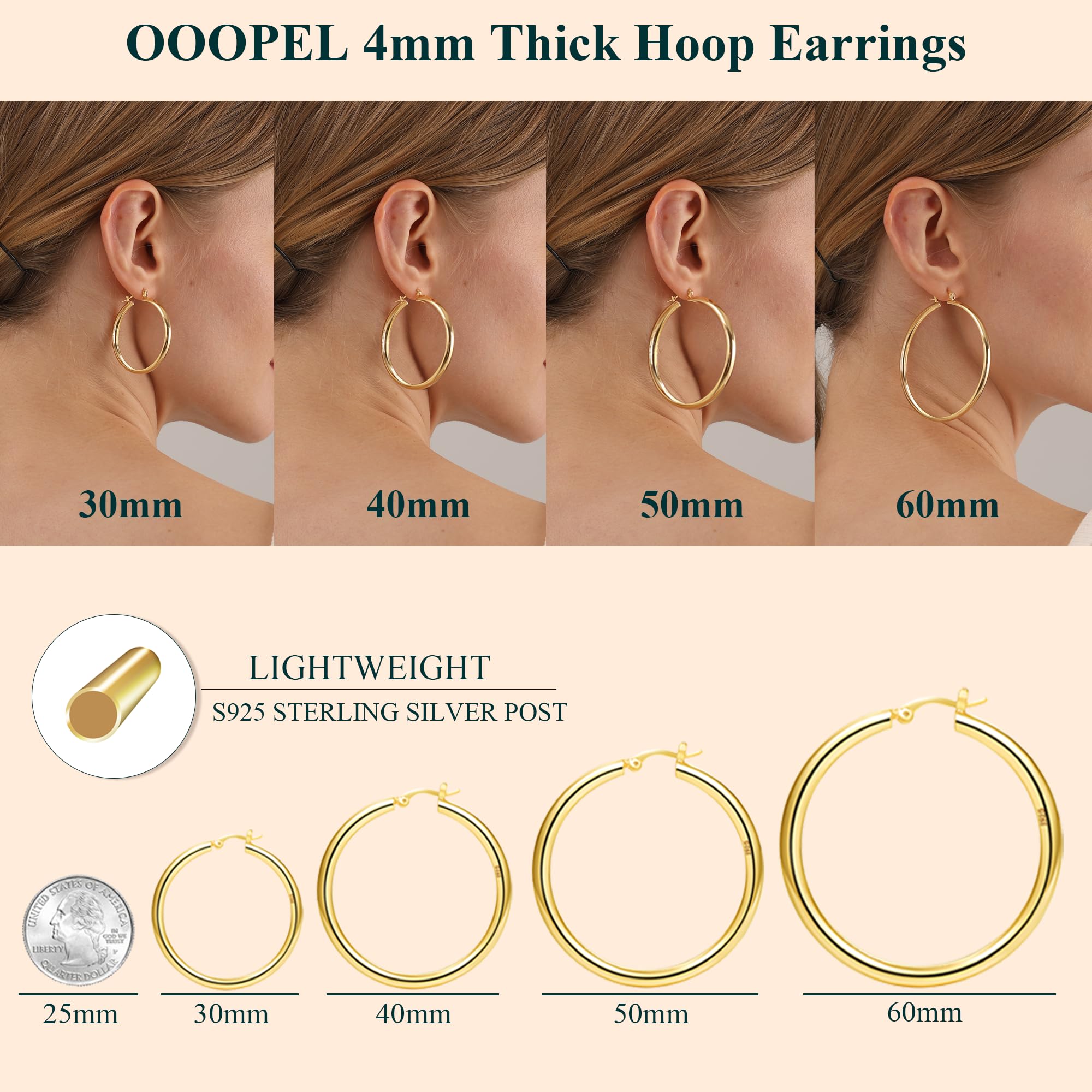 4mm Thick Gold Chunky Earrings Steling Silver Post Hoops Earrings For Women Large Hollow Tube Thick Gold Hoop Earrings Hypoallergenic Lightweight 20/30/40/50/60MM