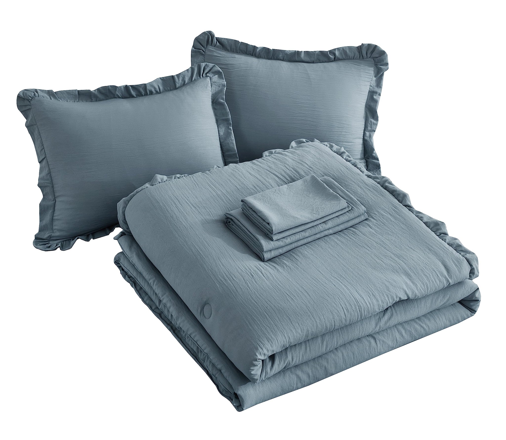 Chezmoi Collection Eleanora King Bed in a Bag 7-Pieces Ruffled Edge Trim Stone Washed Double Brushed Microfiber Comforter with Sheets Lightweight All Season Bedding Set (King, Dusty Blue)
