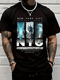 Men'S New York City Graphic T-Shirt - Hip-Hop Style, "The City That Never Sleeps" Design with Statue of Liberty & NYC Skyline, Comfortable Short Sleeve Round Neck Tee for Casual Wear, Everyday Tshirt | Bold Graphic Tee | Comf