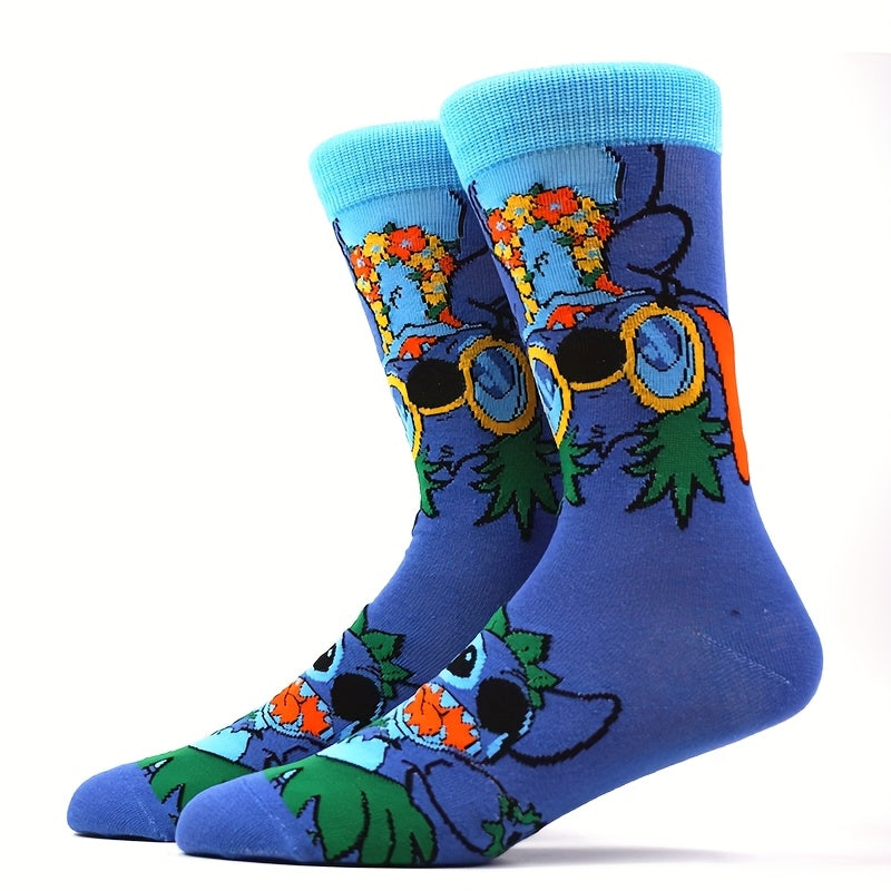 10 Pairs Men's Stitch Novelty Crew Socks - Colorful Cartoon Character Socks with Playful Stitch Designs, Machine Washable, Summer & Spring Casual Wear, Comfortable Breathable Socks for Men, Novelty Socks, Playful Sock Designs