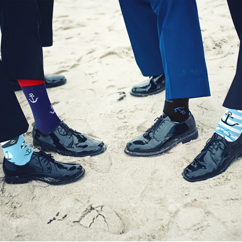 8 Pairs Sailing Socks for Men Boat Nautical Cotton Crew Socks Cruise Navy Gift for Father's Day Birthday Favors