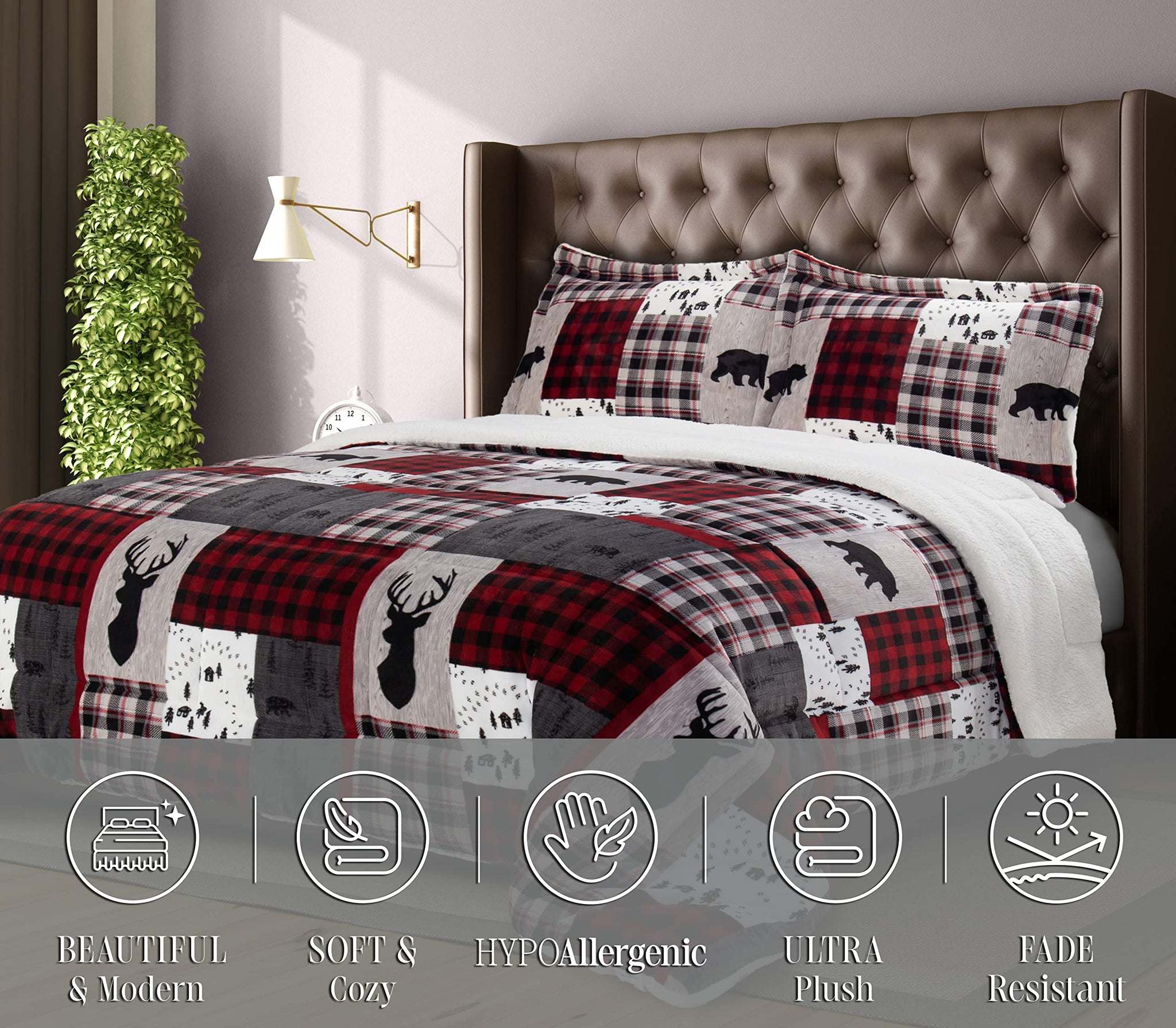 Elegant Comfort 3-Piece Winter Lodge-Patch Sherpa Comforter Soft, Cozy and Durable Quality, Heavy Weight Reversible Down Alternative Micro-Suede, Patch Sherpa Comforter, Cal King