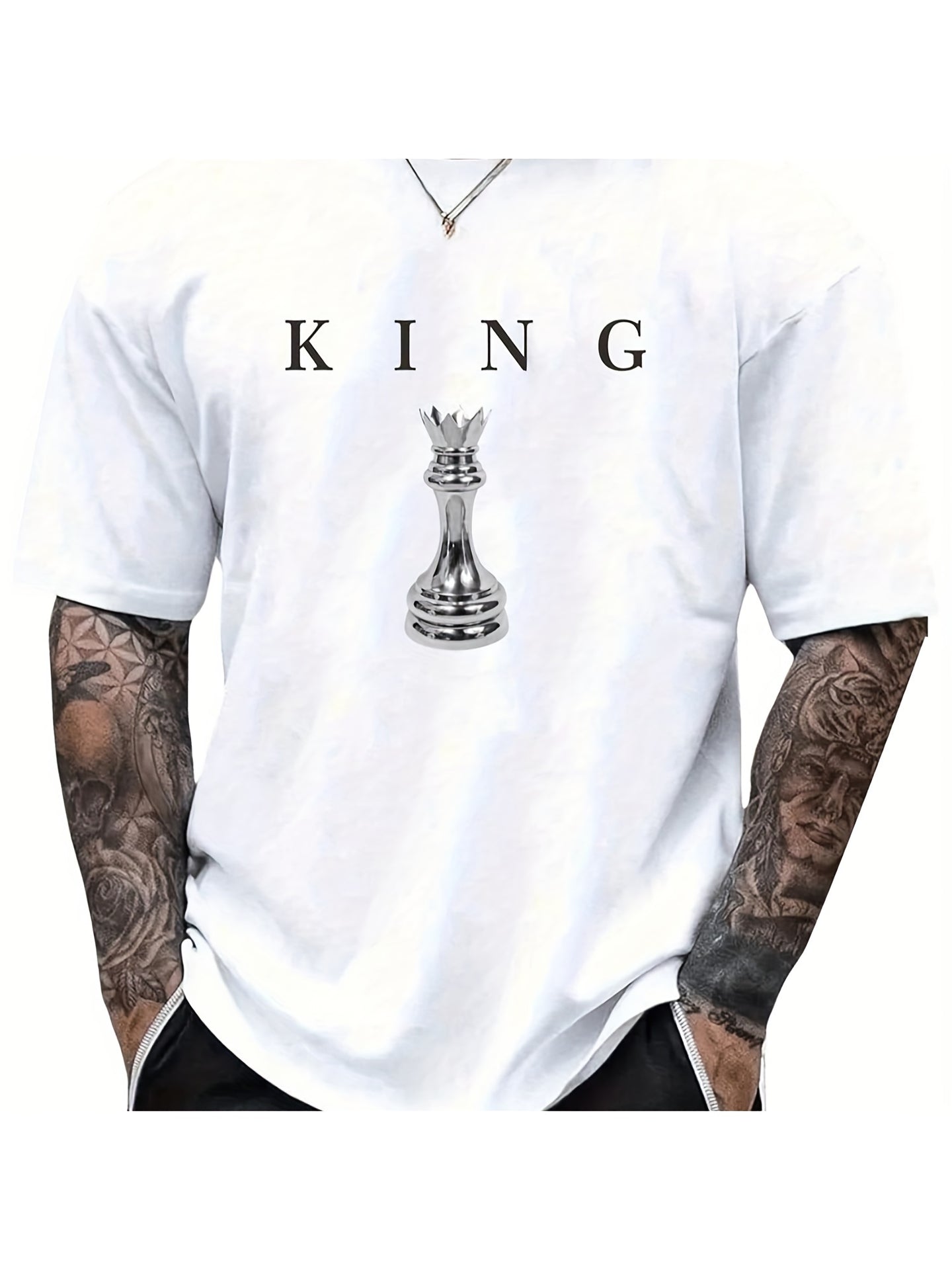 THE KING Men's 180GSM Cotton T-Shirt - Black Chess King Graphic Print, Casual Short Sleeve Round Neck Tee for Casual Attire