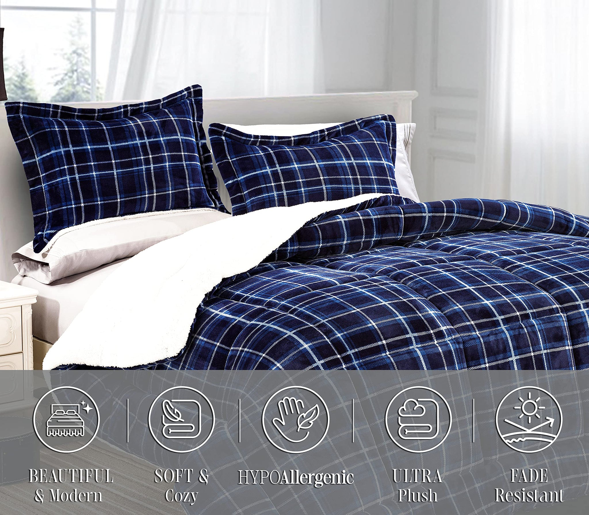 Elegant Comfort Soft & Plush Sherpa Comforter- Lilith Plaid Collection, 3-Piece Bed Set, , Reversible Down Alternative Micro-Suede, Plaid Sherpa Comforter, King, Ocean Navy
