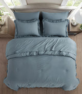 Chezmoi Collection Eleanora King Bed in a Bag 7-Pieces Ruffled Edge Trim Stone Washed Double Brushed Microfiber Comforter with Sheets Lightweight All Season Bedding Set (King, Dusty Blue)