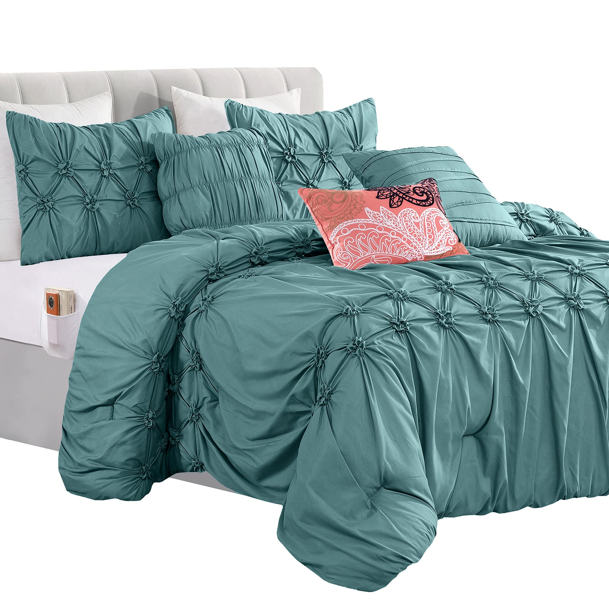 Elegant Comfort 12-Piece Bed-in-a-Bag, Ella Pleated Ruched Pintuck Comforter Set, 6-Piece Sheet Set Featuring Smart Pockets, Matching Decorative Pillows, All Season Bedding,California King, Mint Green