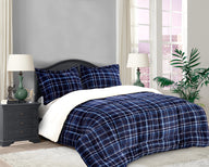 Elegant Comfort Soft & Plush Sherpa Comforter- Lilith Plaid Collection, 3-Piece Bed Set, , Reversible Down Alternative Micro-Suede, Plaid Sherpa Comforter, King, Ocean Navy
