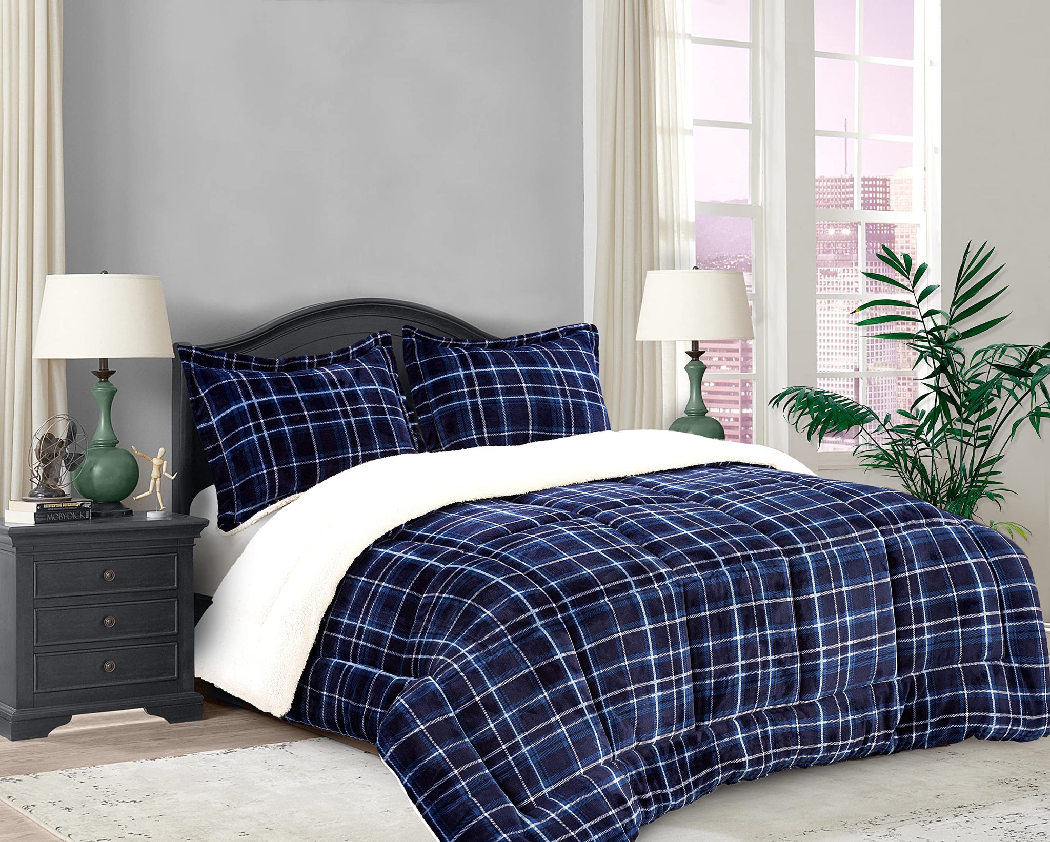Elegant Comfort Soft & Plush Sherpa Comforter- Lilith Plaid Collection, 3-Piece Bed Set, , Reversible Down Alternative Micro-Suede, Plaid Sherpa Comforter, King, Ocean Navy