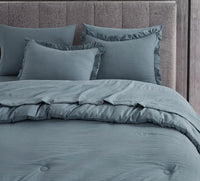 Chezmoi Collection Eleanora King Bed in a Bag 7-Pieces Ruffled Edge Trim Stone Washed Double Brushed Microfiber Comforter with Sheets Lightweight All Season Bedding Set (King, Dusty Blue)