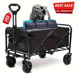 220/450/680 lb Capacity Heavy-Duty All-Terrain Folding Cart - Steel Frame and 600D Oxford Fabric, Camping, Gardening, Beach, Shopping Foldable Utility Cart - No Assembly Required, Black, Garden Tool Carrier, Sturdy Handle Des