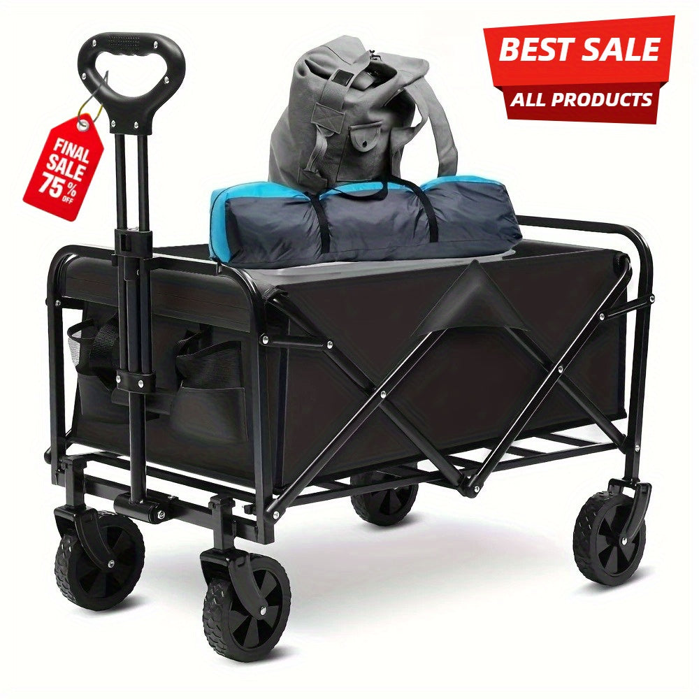 220/450/680 lb Capacity Heavy-Duty All-Terrain Folding Cart - Steel Frame and 600D Oxford Fabric, Camping, Gardening, Beach, Shopping Foldable Utility Cart - No Assembly Required, Black, Garden Tool Carrier, Sturdy Handle Des