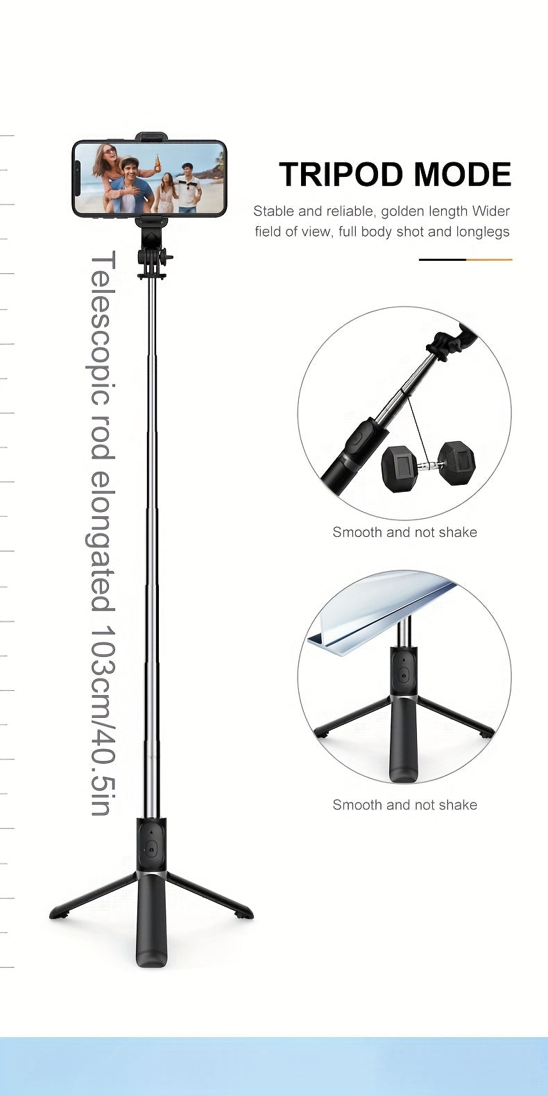 40-inch Smartphone Selfie Stick Tripod, Expandable Selfie Stick Integrated Smartphone Tripod with Wireless Remote Control, Can Rotate 360 Degrees, Suitable for iPhone 16/15/14/13/12/12 Pro/11 Pro/XS/XR/X/8/7 Plus smartphone A