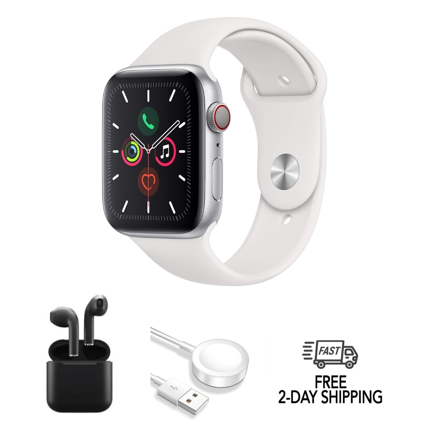 Apple Watch Series 5 Aluminum Bundle w/ Wireless Earbuds | 40mm | GPS Only | Silver | Refurbished - Acceptable