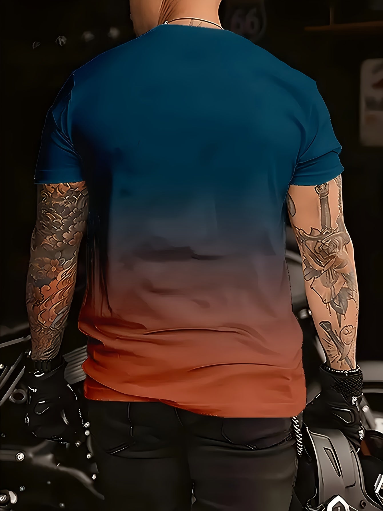 [Gradient Print T-Shirt] Summer Gradient Print Men's T-Shirt | 3D Digital Ombre Blue to Peach Design, Breathable Round Neck Regular Fit, Machine Washable