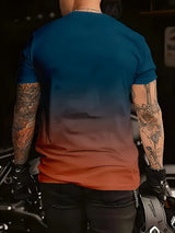 [Gradient Print T-Shirt] Summer Gradient Print Men's T-Shirt | 3D Digital Ombre Blue to Peach Design, Breathable Round Neck Regular Fit, Machine Washable