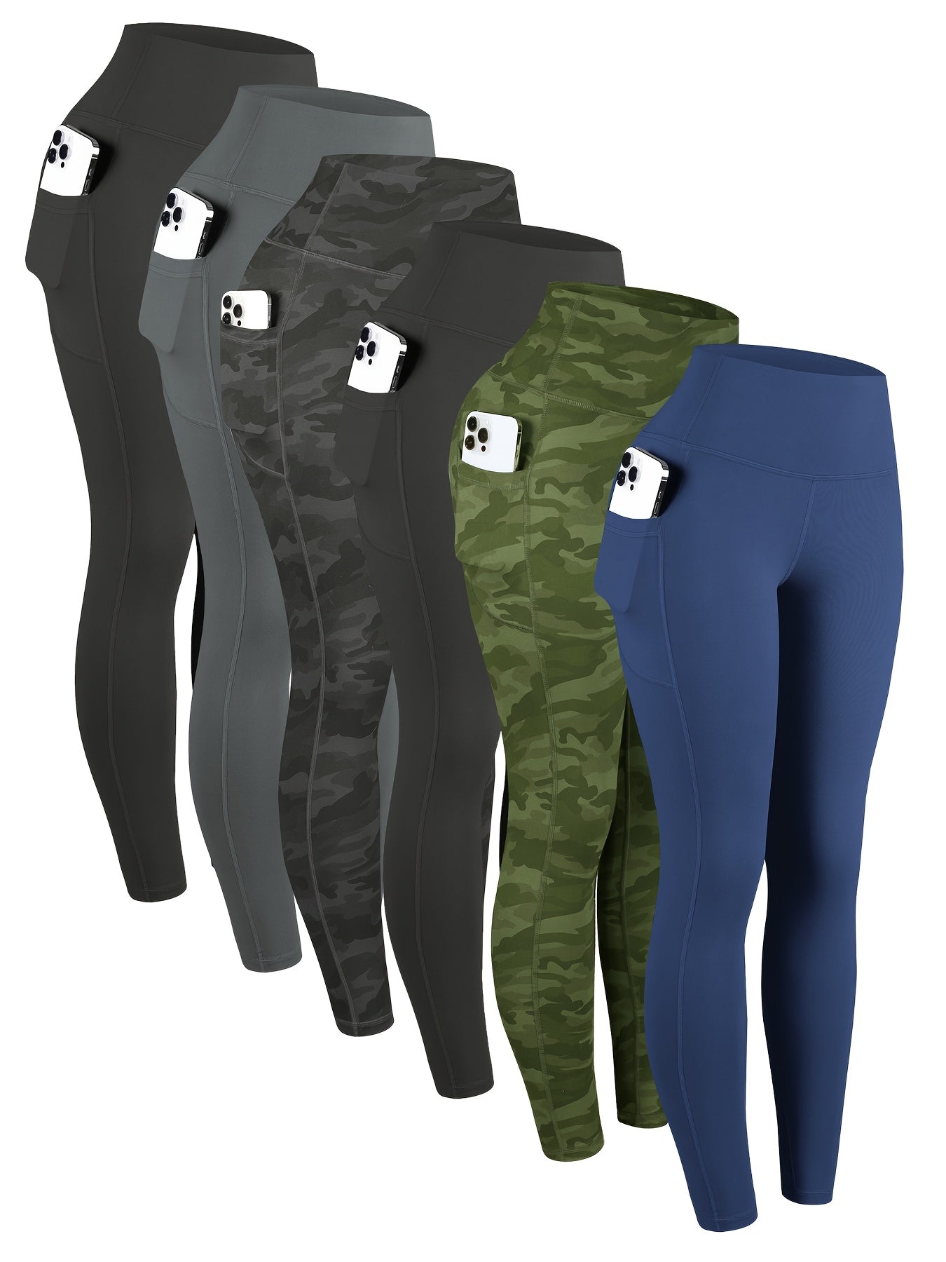 6pcs Women's High-Waisted Leggings - Non-See-Through Pants with Side Pockets, Stretchy All-Season & Casual Pants, Machine Washable Everyday Pants for Women, Leggings for Women, Leggings with Pockets, Womens Leggings, Women Le
