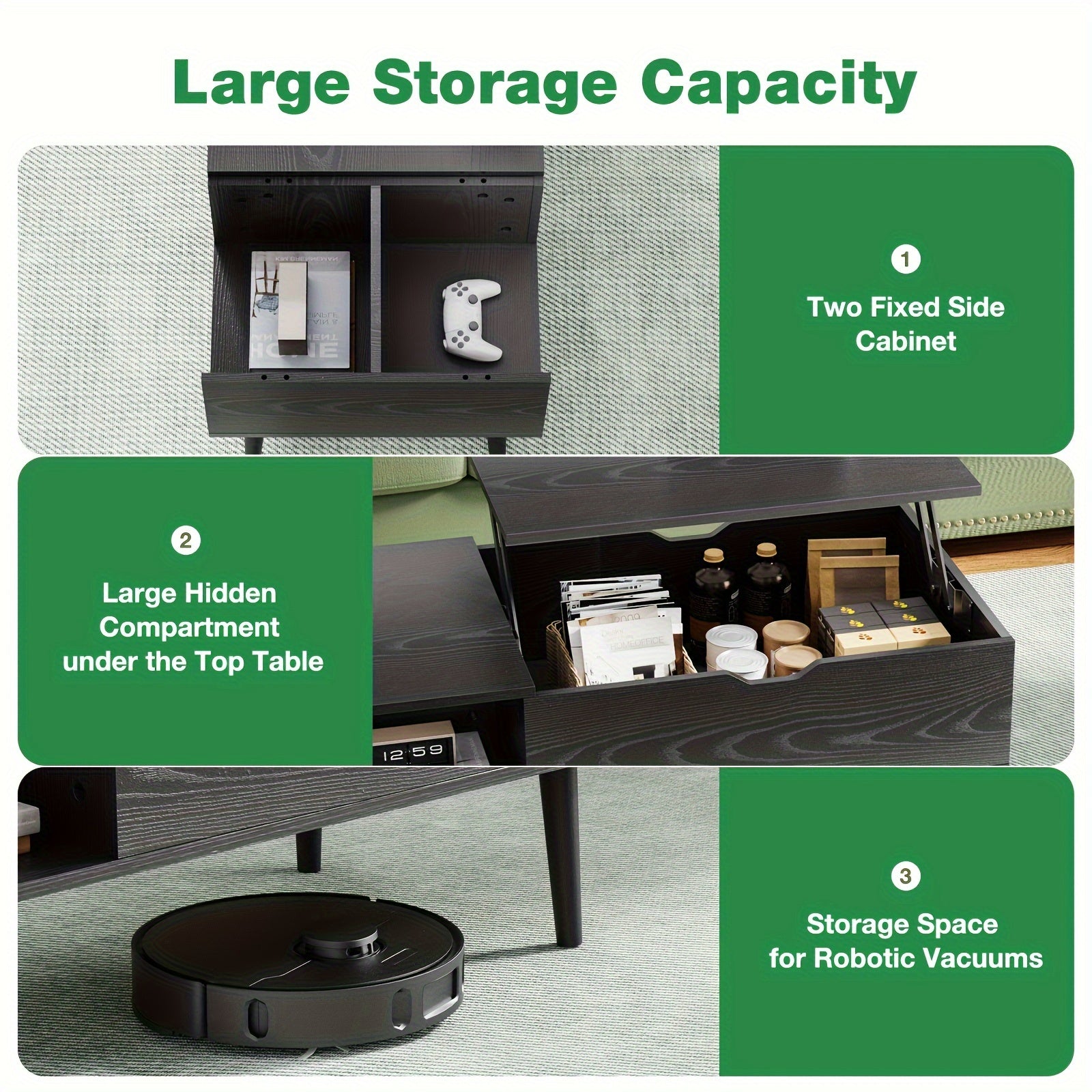 Elegant Black Coffee Table For Living Room - Lift Top Design Offering Versatility. Small Rising Wooden Dining Center Table With Storage Shelf And Hidden Compartment, Ideal For Organizing And Enhancing Your Living Space.