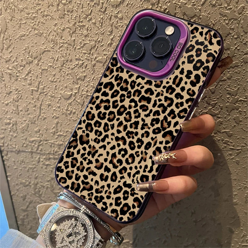 Leopard Print Pattern Electroplate Silver IMD Phone Case For iPhone 16 15 Pro Max 16E 7 8 Plus 14 13 12 11 Pro X XS XR SE2 Cover