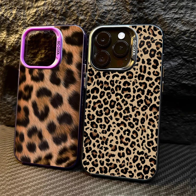 Leopard Print Pattern Electroplate Silver IMD Phone Case For iPhone 16 15 Pro Max 16E 7 8 Plus 14 13 12 11 Pro X XS XR SE2 Cover