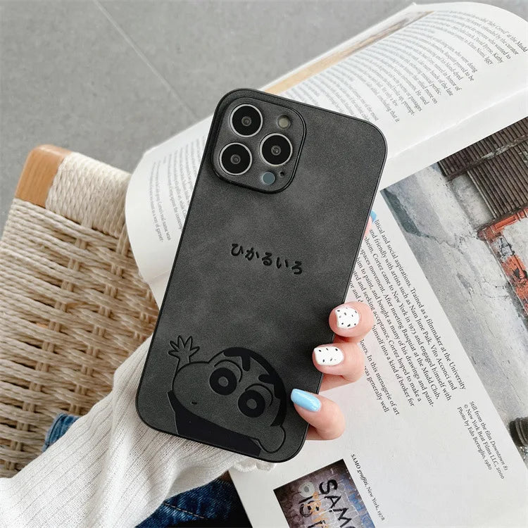 Cute Cartoon Crayon Shin-chan Leather Texture Phone Case For iPhone 11 12 13 14 15 16 17 Pro Max XS X XR 8 Plus Shockproof Cover