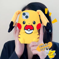 Kawaii 3D Plush Ears Cute Cartoon Pikachu Soft Silicone Phone Case For iPhone 16 15 14 13 12 Pro Max Shockproof Protective Cover