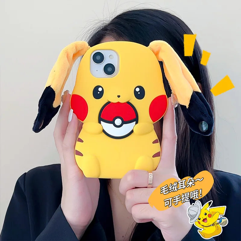 Kawaii 3D Plush Ears Cute Cartoon Pikachu Soft Silicone Phone Case For iPhone 16 15 14 13 12 Pro Max Shockproof Protective Cover