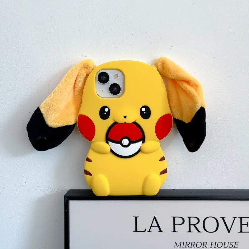 Kawaii 3D Plush Ears Cute Cartoon Pikachu Soft Silicone Phone Case For iPhone 16 15 14 13 12 Pro Max Shockproof Protective Cover