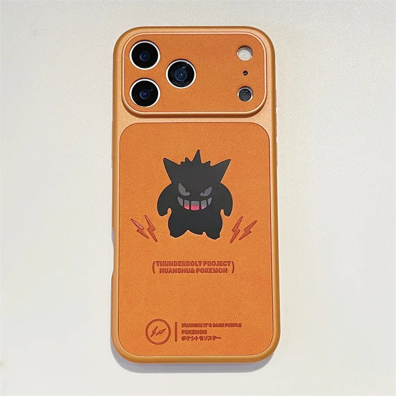 Anime Cartoon Ghost Gengar Laser Leather Texture Phone Case for iPhone 17 Air 16 15 14 13 Pro Max Shockproof Protective Cover