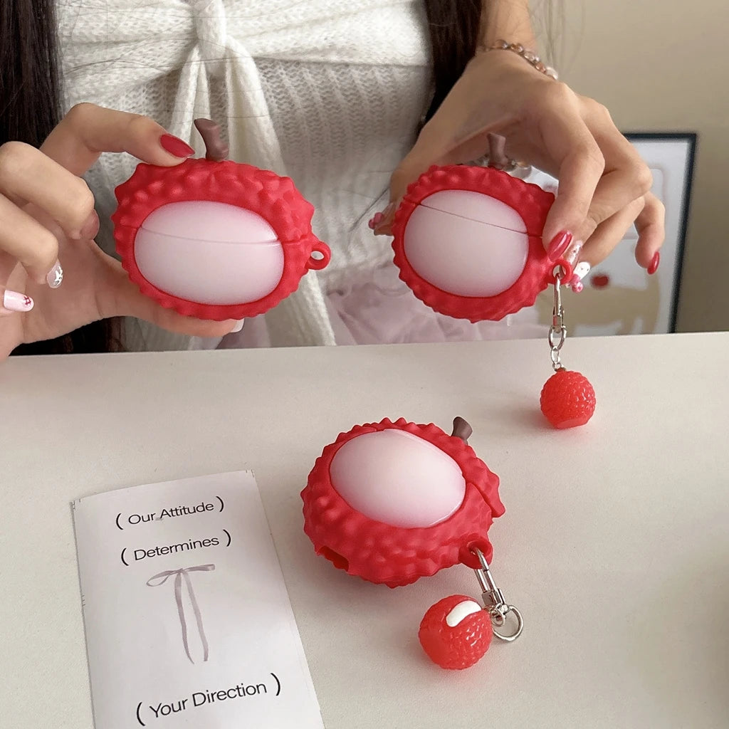 Fun Summer Stereoscopic Red Lychee Pendant Shockproof Protective Earphone Cover Case for AirPods 1 or 2 3 4 Pro 2