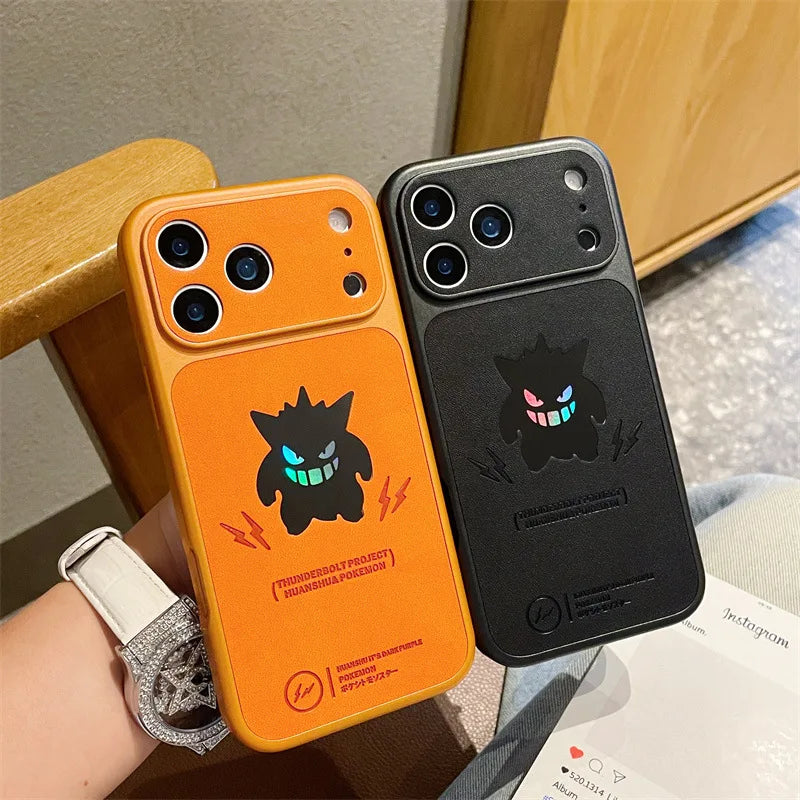 Anime Cartoon Ghost Gengar Laser Leather Texture Phone Case for iPhone 17 Air 16 15 14 13 Pro Max Shockproof Protective Cover