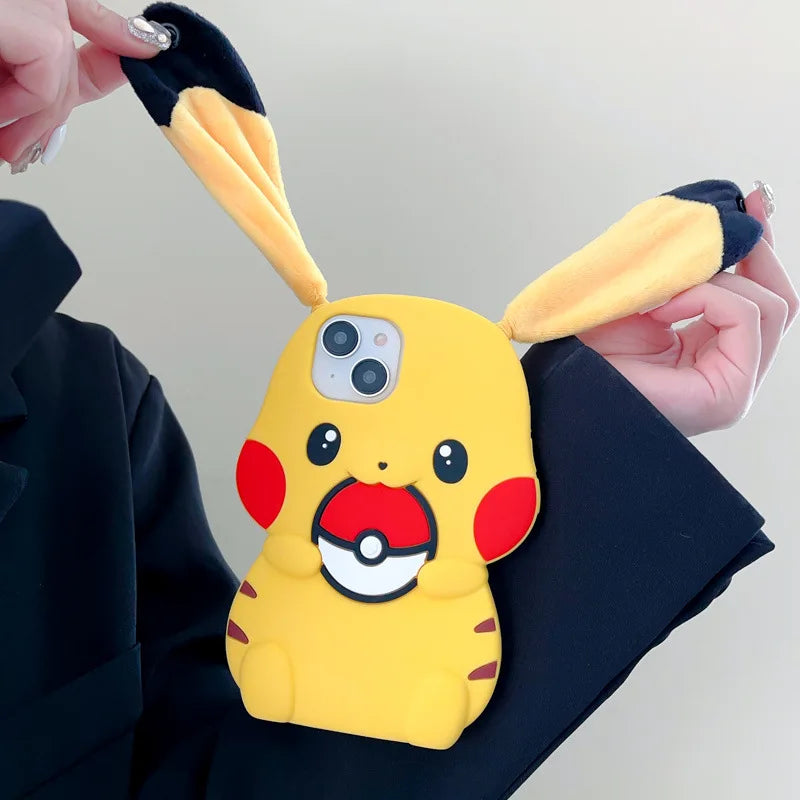 Kawaii 3D Plush Ears Cute Cartoon Pikachu Soft Silicone Phone Case For iPhone 16 15 14 13 12 Pro Max Shockproof Protective Cover
