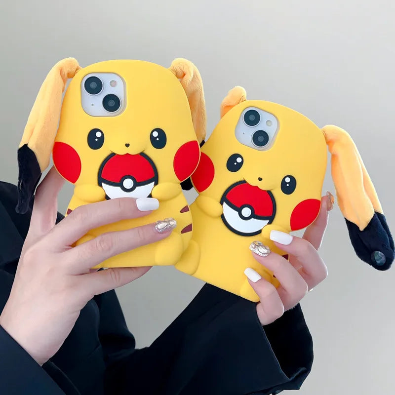 Kawaii 3D Plush Ears Cute Cartoon Pikachu Soft Silicone Phone Case For iPhone 16 15 14 13 12 Pro Max Shockproof Protective Cover