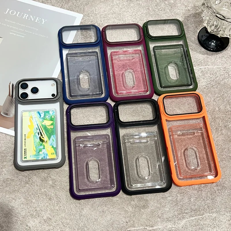 Luxury Slot Card Holder Wallet Clear Case For iPhone 17 Air 16 15 14 13 12 11 Pro Max Fold Lens Stand Holder Shockproof Cover