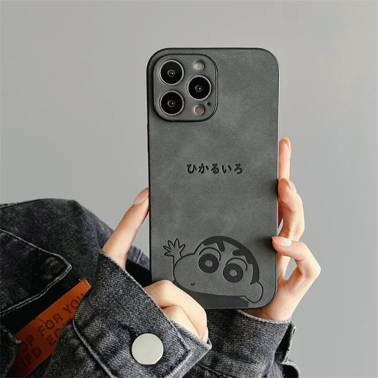 Cute Cartoon Crayon Shin-chan Leather Texture Phone Case For iPhone 11 12 13 14 15 16 17 Pro Max XS X XR 8 Plus Shockproof Cover