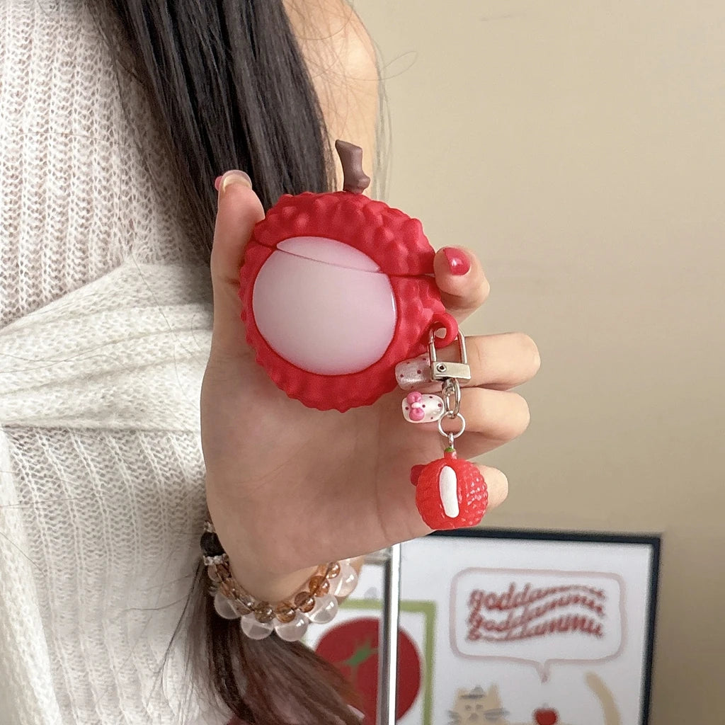 Fun Summer Stereoscopic Red Lychee Pendant Shockproof Protective Earphone Cover Case for AirPods 1 or 2 3 4 Pro 2