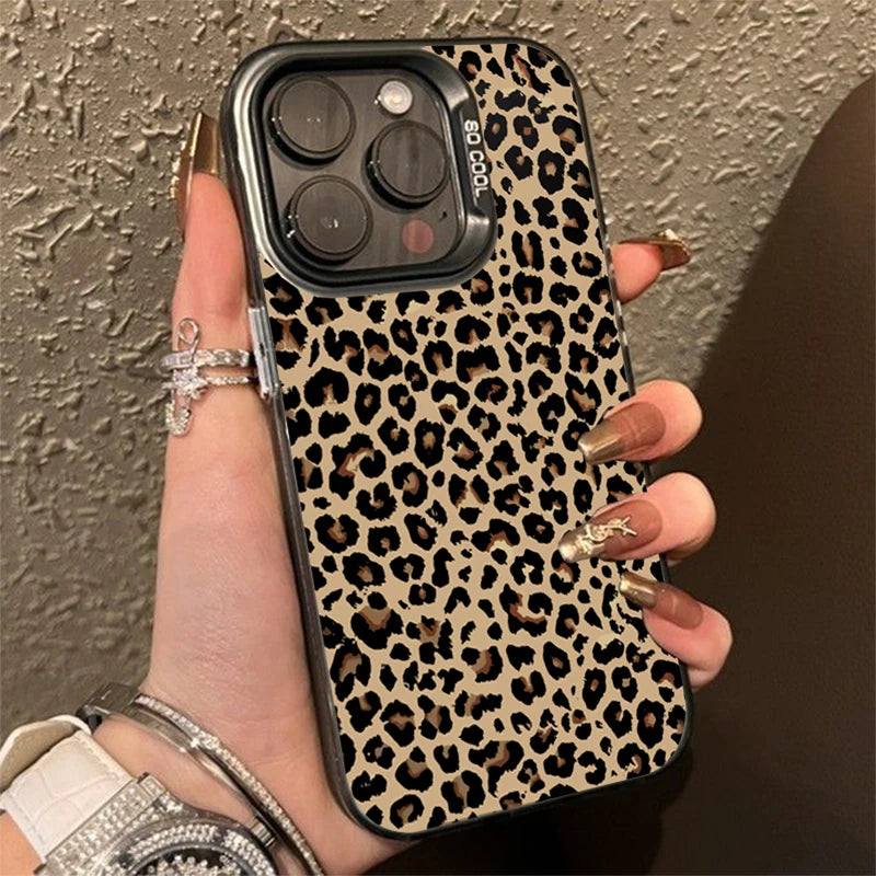 Leopard Print Pattern Electroplate Silver IMD Phone Case For iPhone 16 15 Pro Max 16E 7 8 Plus 14 13 12 11 Pro X XS XR SE2 Cover