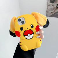 Kawaii 3D Plush Ears Cute Cartoon Pikachu Soft Silicone Phone Case For iPhone 16 15 14 13 12 Pro Max Shockproof Protective Cover