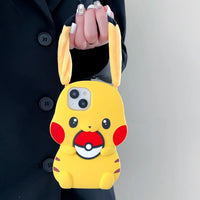 Kawaii 3D Plush Ears Cute Cartoon Pikachu Soft Silicone Phone Case For iPhone 16 15 14 13 12 Pro Max Shockproof Protective Cover