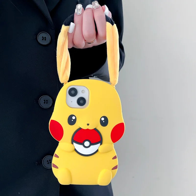 Kawaii 3D Plush Ears Cute Cartoon Pikachu Soft Silicone Phone Case For iPhone 16 15 14 13 12 Pro Max Shockproof Protective Cover