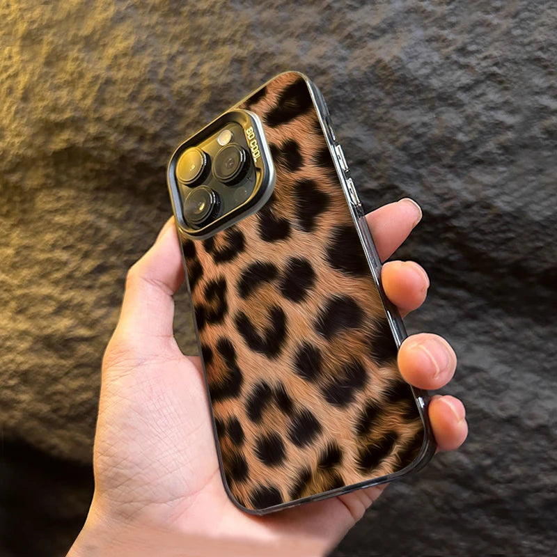 Leopard Print Pattern Electroplate Silver IMD Phone Case For iPhone 16 15 Pro Max 16E 7 8 Plus 14 13 12 11 Pro X XS XR SE2 Cover