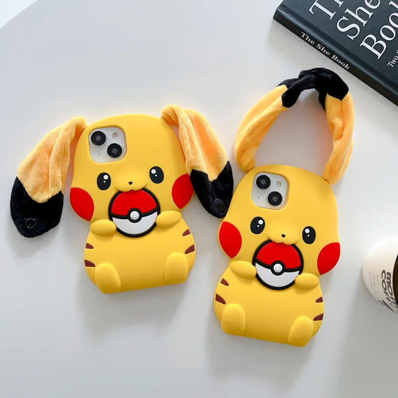 Kawaii 3D Plush Ears Cute Cartoon Pikachu Soft Silicone Phone Case For iPhone 16 15 14 13 12 Pro Max Shockproof Protective Cover