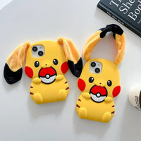 Kawaii 3D Plush Ears Cute Cartoon Pikachu Soft Silicone Phone Case For iPhone 16 15 14 13 12 Pro Max Shockproof Protective Cover