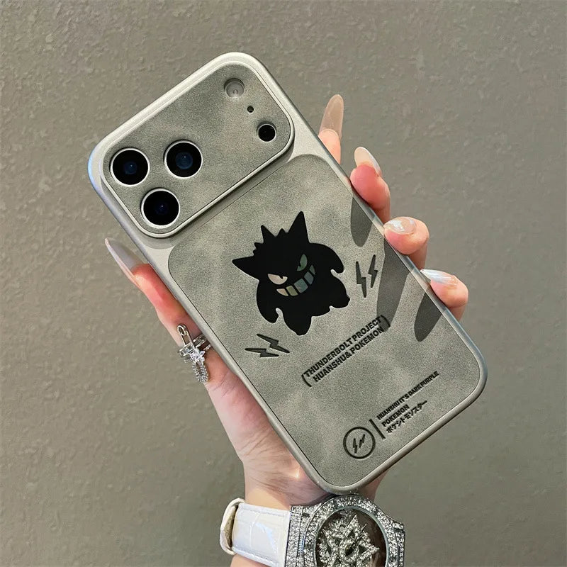 Anime Cartoon Ghost Gengar Laser Leather Texture Phone Case for iPhone 17 Air 16 15 14 13 Pro Max Shockproof Protective Cover