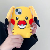 Kawaii 3D Plush Ears Cute Cartoon Pikachu Soft Silicone Phone Case For iPhone 16 15 14 13 12 Pro Max Shockproof Protective Cover