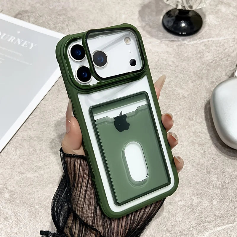 Luxury Slot Card Holder Wallet Clear Case For iPhone 17 Air 16 15 14 13 12 11 Pro Max Fold Lens Stand Holder Shockproof Cover