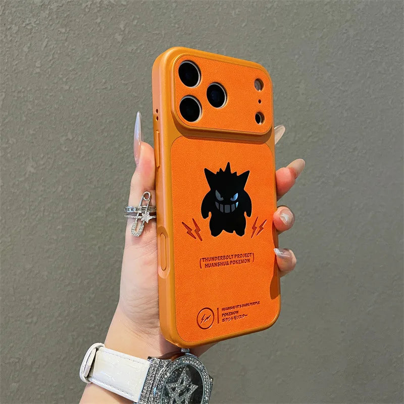 Anime Cartoon Ghost Gengar Laser Leather Texture Phone Case for iPhone 17 Air 16 15 14 13 Pro Max Shockproof Protective Cover