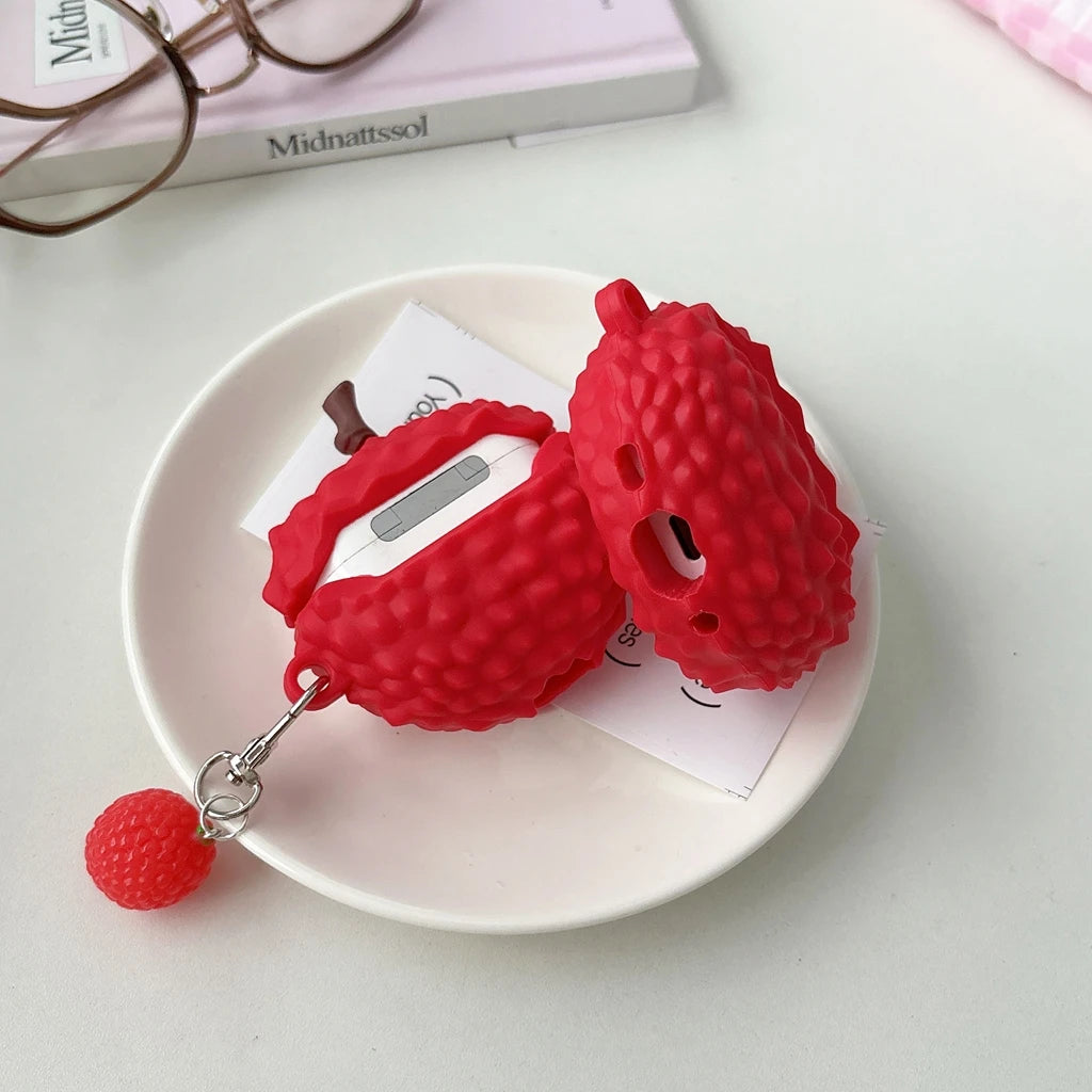 Fun Summer Stereoscopic Red Lychee Pendant Shockproof Protective Earphone Cover Case for AirPods 1 or 2 3 4 Pro 2