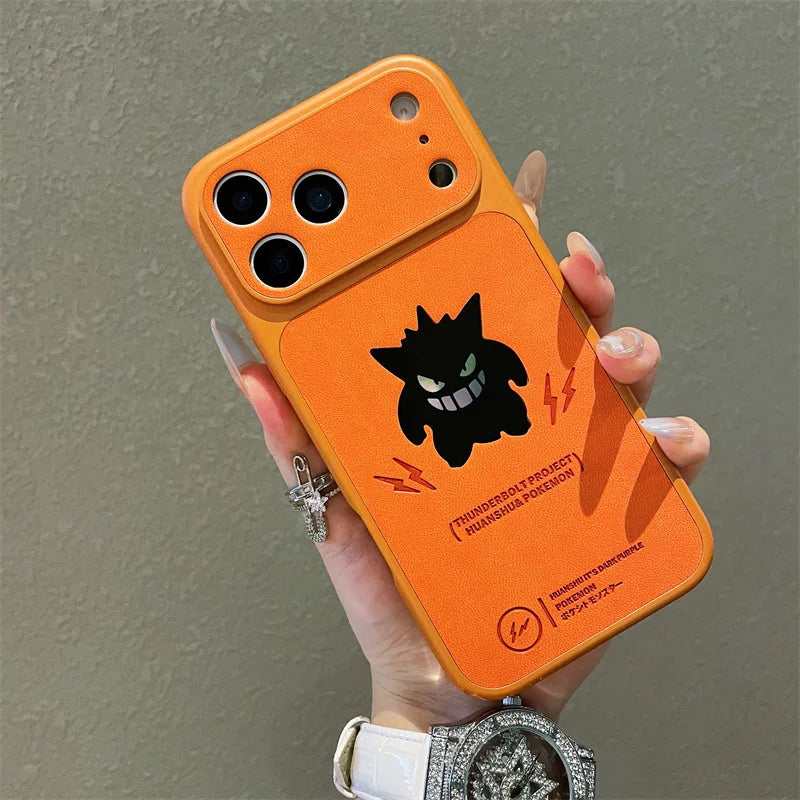 Anime Cartoon Ghost Gengar Laser Leather Texture Phone Case for iPhone 17 Air 16 15 14 13 Pro Max Shockproof Protective Cover