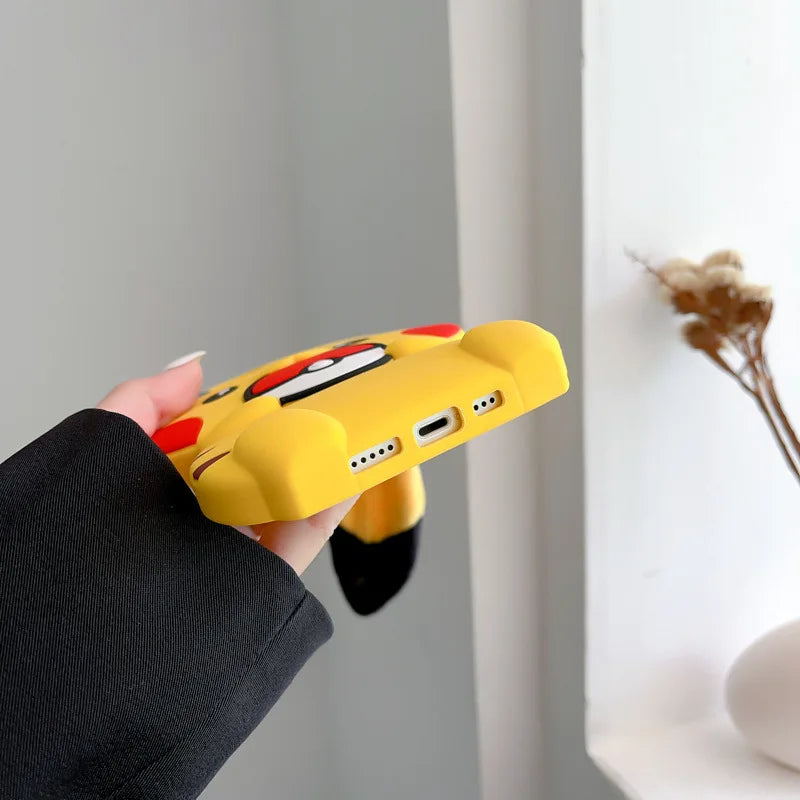 Kawaii 3D Plush Ears Cute Cartoon Pikachu Soft Silicone Phone Case For iPhone 16 15 14 13 12 Pro Max Shockproof Protective Cover