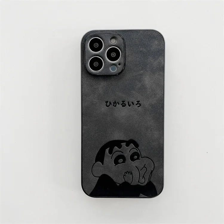 Cute Cartoon Crayon Shin-chan Leather Texture Phone Case For iPhone 11 12 13 14 15 16 17 Pro Max XS X XR 8 Plus Shockproof Cover